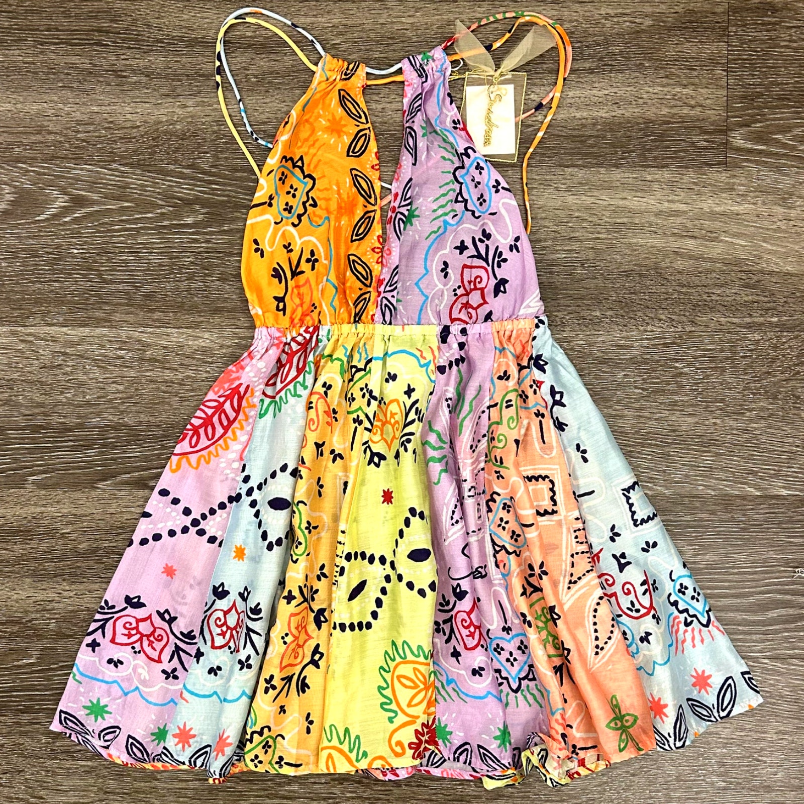 Sundress Crystal Halter Mini Dress Xs Saint Tropez Patchwork Open Back Nwt Boho — image 2 of 8